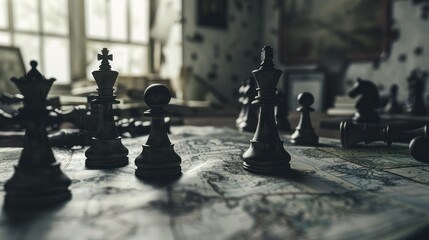 Chess lying on the world map. Gray filter. Strategy concept