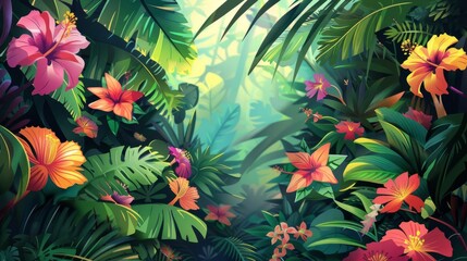 A vibrant vector illustration of a fantastical forest filled with an array of colorful flowers and lush tropical foliage, creating an enchanting jungle scene.

 - obrazy, fototapety, plakaty
