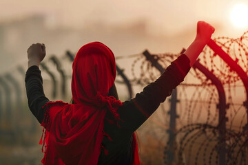 Empowered Woman with Raised Fist Against Barbed Wire