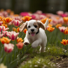 puppy in a tulip garden