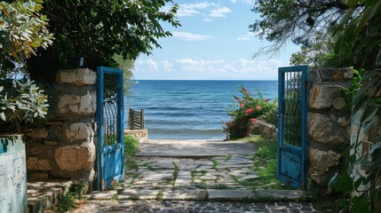 Fototapeta premium A picturesque scene of a gate opening to a stunning sea view, paired with a serene beach living setup