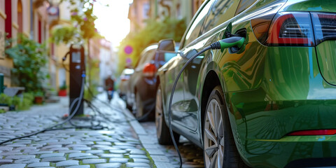 Green Electric Vehicle Charging on a Cobblestone Street