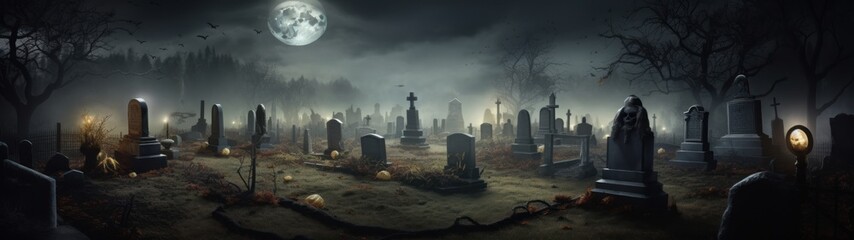 A scary graveyard at night, full moon and creepy bats - a Halloween scene filled with spooky charm.