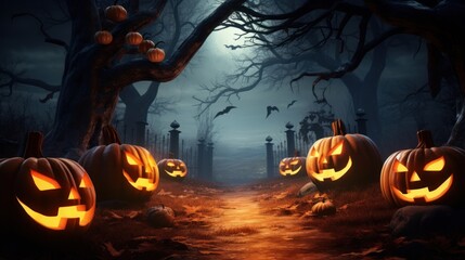 Carved pumpkins illuminate a foggy path in a creepy forest, ideal for Halloween themes - Eerie environment.