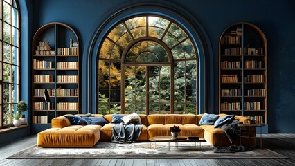 Naklejka premium Classic blue library den with formal living room big window natural light. Concept Library Decor, Den Design, Living Room Layout, Natural Lighting, Classic Style