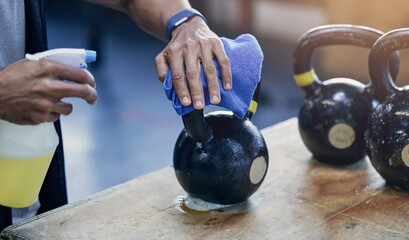 People, cleaning and gym or kettlebell with detergent for hygiene, health and wellness from...