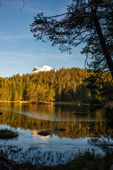 Golden sunlight bathes a forest and mountain, casting reflections in the calm waters of a lake.