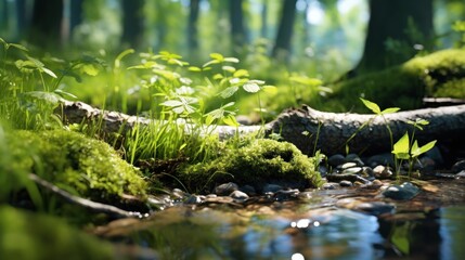 Obraz premium A sun-soaked stream, its rocky bottom revealed, flows peacefully through a vibrant woodland.