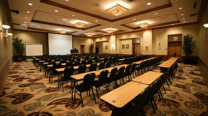 A large room with a projector screen and a white board