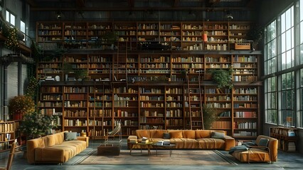 Modern loft library with industrial architecture high ceilings and extensive book collection. Concept Modern Design, Loft Library, Industrial Architecture, High Ceilings, Extensive Book Collection - obrazy, fototapety, plakaty