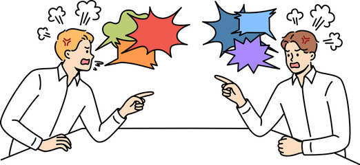 Quarrel two business men sitting at table and uttering accusations and insults against competitor. Quarrel between office employees is caused by lack of clear remuneration system in corporation