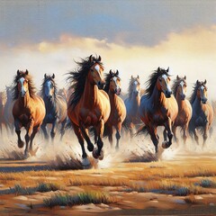 A herd of horses rushes across the field, their manes fluttering in the wind. Generative AI. - obrazy, fototapety, plakaty