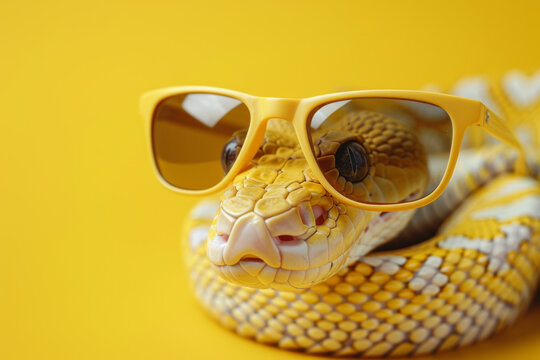 Yellow python with oversized sunglasses on, giving a quirky and cool vibe against a plain yellow background.