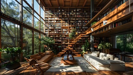 Contemporary loft library featuring industrial design, tall ceilings, and vast book assortment. Concept Industrial Design, Tall Ceilings, Vast Book Assortment, Contemporary Loft, Library