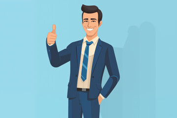 Business graphic vector modern style illustration of a business man in a workplace environment with thumbs up in approval approving happy with product job service smiling joy promotion goal