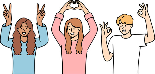 Multiethnic people students smiling showing approval gestures and raising hands up. Happy guy and two students girls rejoice at having multiracial friends and lack of discrimination in society