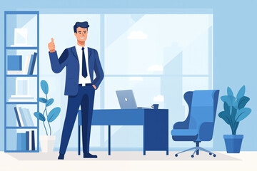 Business graphic vector modern style illustration of a business man in a workplace environment with thumbs up in approval approving happy with product job service smiling joy promotion goal