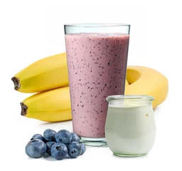 Fotobehang glass of banana and blueberry smoothie Blueberry Plus with yogurt isolated on white background © Mara Zemgaliete