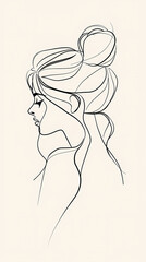 Naklejka premium Simplified Female Profile Line Art Stylized Woman's Silhouette in Black and White Minimalist Woman's Face Contour Drawing Elegant Female Portrait in Line Illustration
