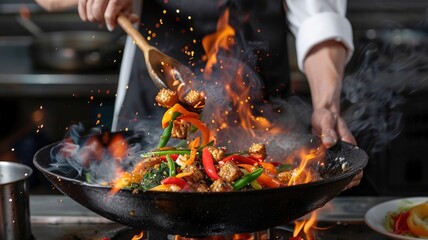 chef tossing marinated tempeh in a hot wok with colorful stir-fry vegetables, capturing the sizzle and steam