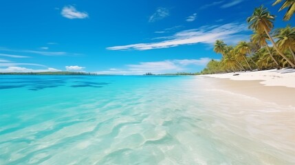 Fototapeta premium Tropical paradise beach with white sand and crystal clear blue water. Beautiful natural summer vacation holidays background. Travel tourism wide panorama background concept.