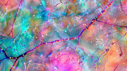 Under polarized light the usually colorless hyphae of a fungal specimen reveal their hidden hues displaying a range of vibrant shades - obrazy, fototapety, plakaty