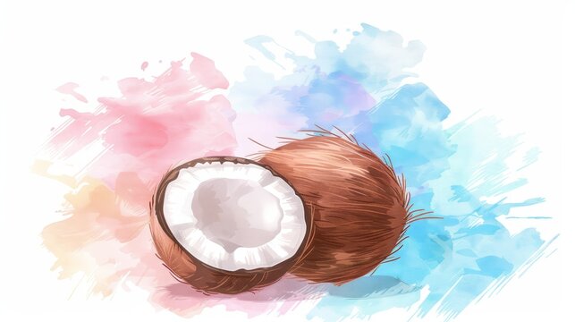   A tight shot of a solitary coconut against a pristine white backdrop, juxtaposed with blue and pink paint splatters behind
