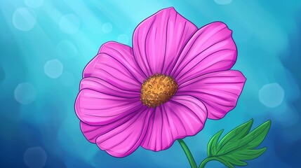   A pink flower with a green stem draws on a blue backdrop, surrounded by water bubbles and gentle bubble ripples