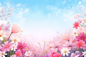 Fototapeta premium Bright spring illustration with blooming flowers and butterflies under a soft blue sky with fluffy clouds. Generative AI