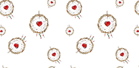 Seamless Pattern. Watercolor Dream Catchers with Pendants, Red Hearts, Beads. White Background. For Wallpaper, Home Textiles, Wrapping Paper, Postcards, Valentine's Day and Birthday - obrazy, fototapety, plakaty