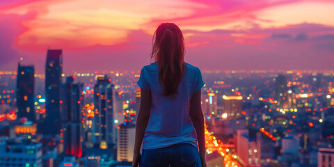 The girl looks at the night city. Close-up. Blurred background.