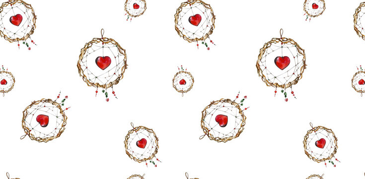Seamless Pattern. Watercolor Dream Catchers with Pendants, Red Hearts, Beads. White Background. For Wallpaper, Home Textiles, Wrapping Paper, Postcards, Valentine's Day and Birthday