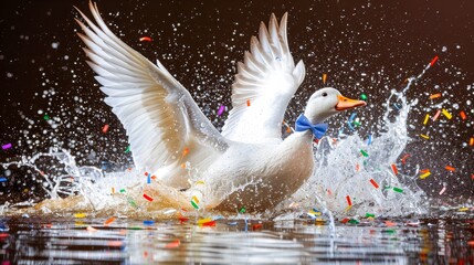 A white duck wearing a blue bowtie is running across a pond, splashing water and confetti into the air.