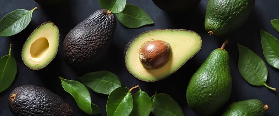 Avocado on dark background. Eating healthy fats and fiber. Top view - obrazy, fototapety, plakaty