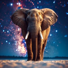 An elephant standing on the beach with a starry night sky behind it.