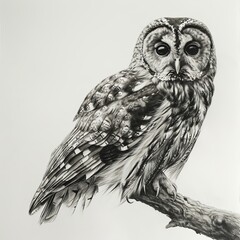 Tawny Owl Bird Pencil Sketch Handdrawn Black and White Illustration