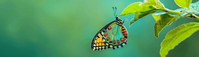 A beautiful butterfly with blue, yellow and red markings on its wings.