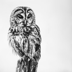 Tawny Owl Bird Pencil Sketch Handdrawn Black and White Illustration