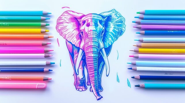   A drawing of an elephant with colored pencils nearby on a blank white paper, instead using colored crayons