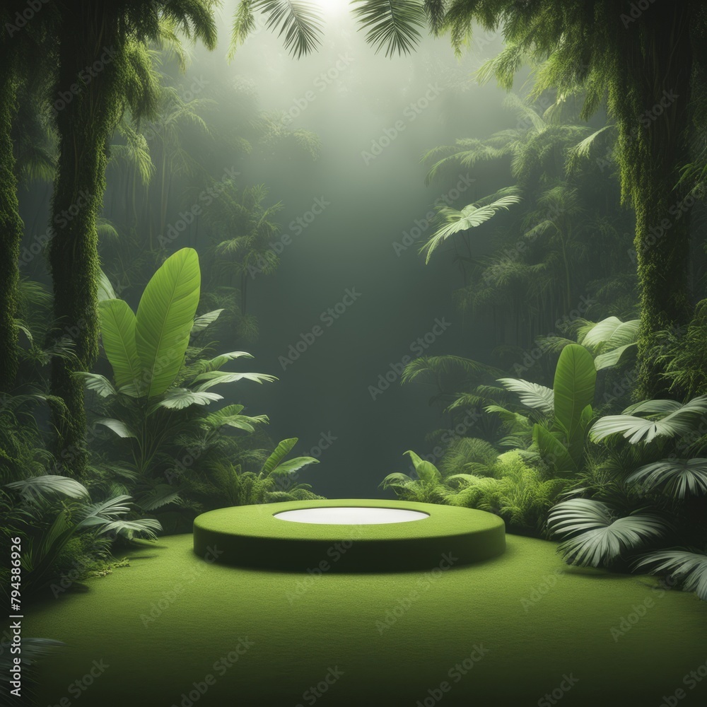 Wall mural green tropical jungle in round podium and palm leaves 3d illustration