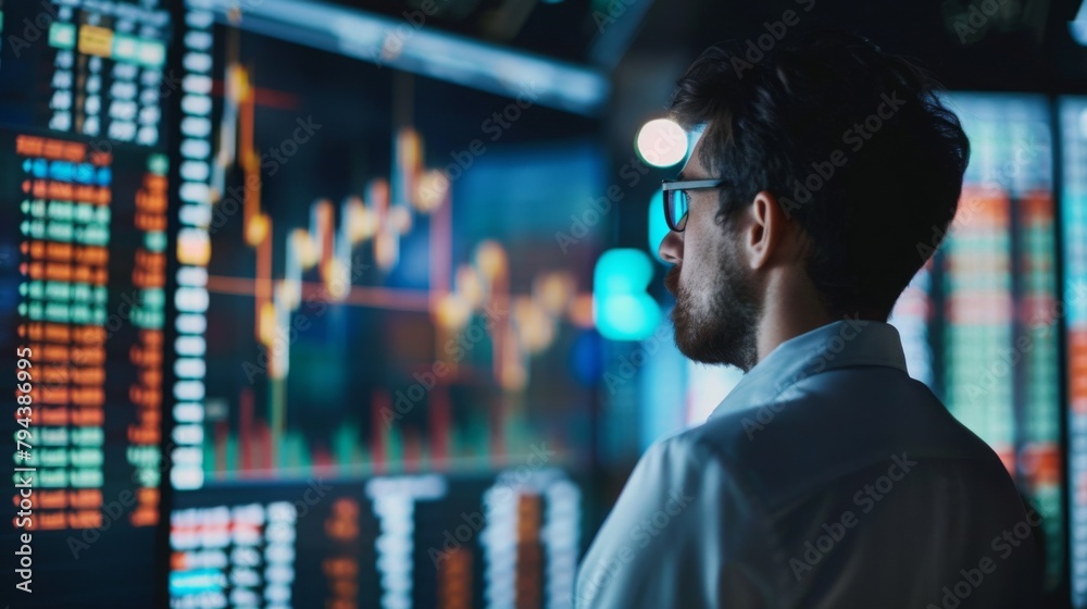 Poster trader monitoring stock market trends in office
