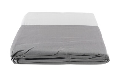 Gray duvet cover cotton, folded new bedding sheets isolated on white, top view, clipping path