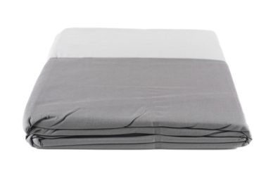 Gray duvet cover cotton, folded new bedding sheets isolated on white, top view, clipping path