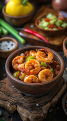 Homemade Cuban shrimp creole in traditional pot, rustic wooden bowls with ingedients such as...