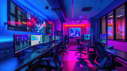 A brightly lit room with neon lights and computer monitors