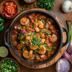 A top-down view of an iron pot full of shrimp and sausage gumbo surrounded by ingredients like...