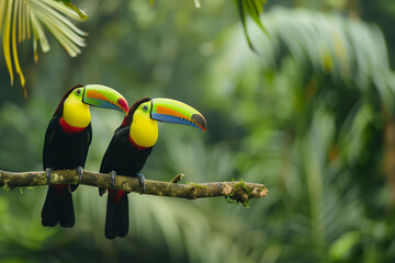 Toucan sitting on the branch in the forest, green vegetation, Costa Rica. Nature travel in central America. Two Keel-billed Toucan, Ramphastos sulfuratus, pair of bird with big bill. Wildlife