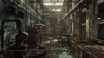 Fototapeta na wymiar A dark, dirty industrial space with rusted pipes and machinery