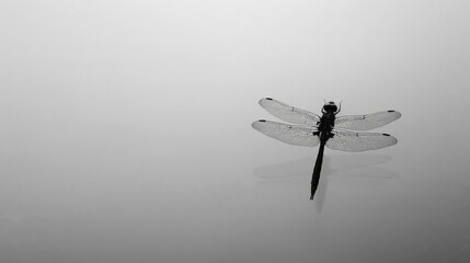 grayscale photo of a dragonfly on a foggy lake - obrazy, fototapety, plakaty