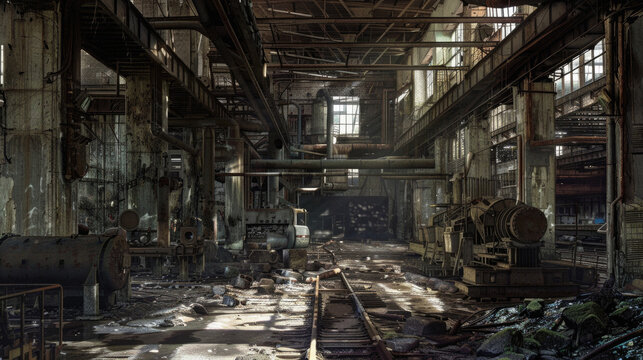A large industrial building with a lot of debris and trash